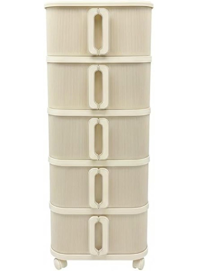 سبيس شوب خزانة تخزين بلاستيكية عصرية بـ 5 طبقات مع أدراج بأبواب مزدوجة وعجلات لون أبيض كريمي مقاس كبير - Image 1